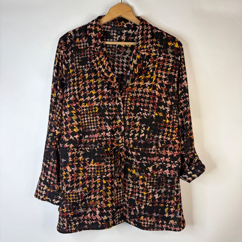 Investments Utility Shirt Women XL Black Multi Abstract Houndstooth Drawstring